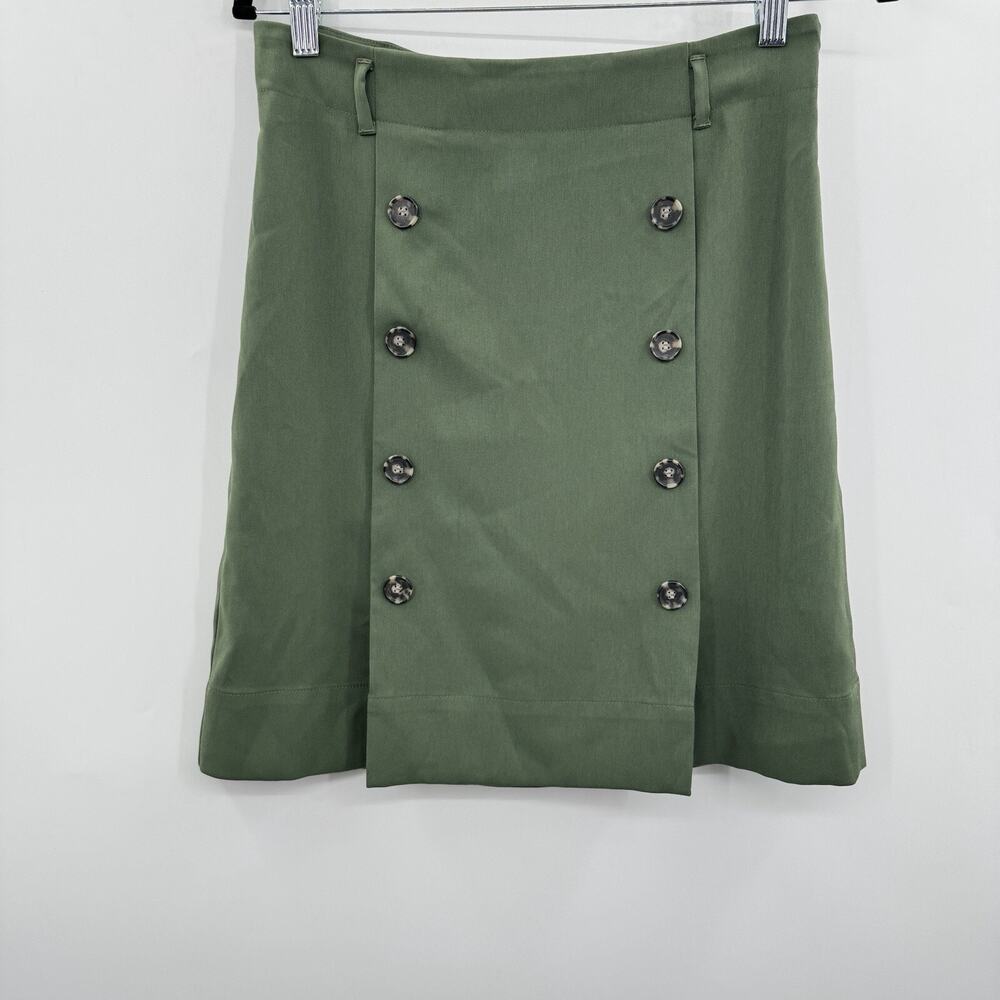 LOFT Pleated A-Line Knee Length Skirt Size 2 Olive Green Buttons Office Stretch